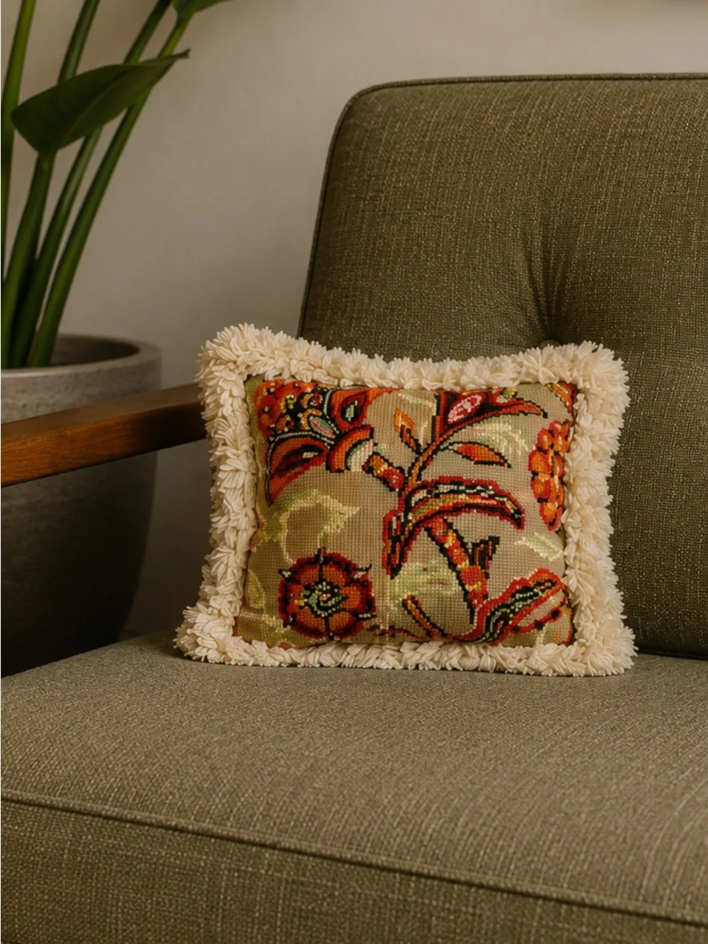 Handcrafted Needlepoint Grandma Chic Floral Accent Pillow with Cream Fringe